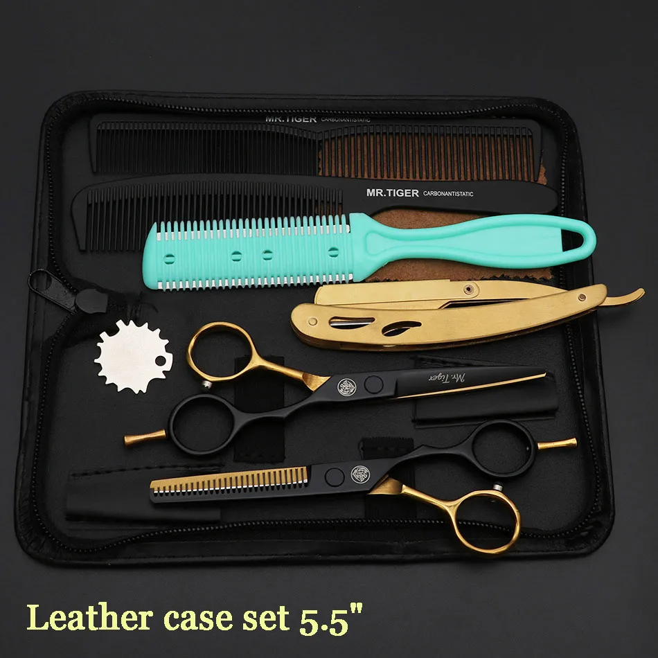 leather case set Япония Сталь 5,5 6,0 Профессиональный Парикмахерские ножницы набор ножниц для парикмахерской стрижки ножницы, ножницы стрижка - Цвет: leather case set