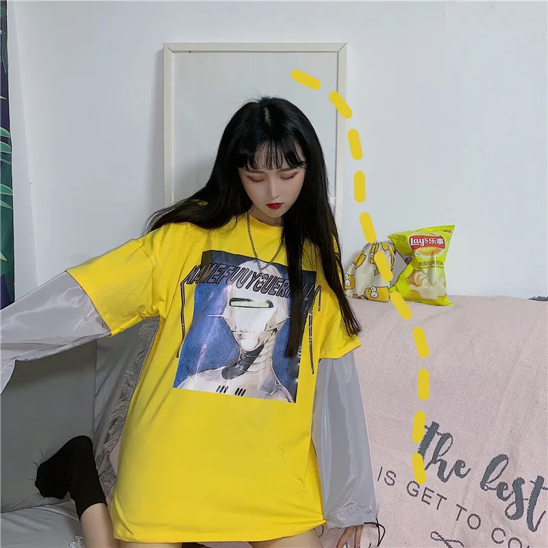 Camiseta Mujer Весна Harajuku уличная Модная футболка Для женщин футболки корейский Ulzzang поддельные 2 шт футболка с длинным рукавом Топ