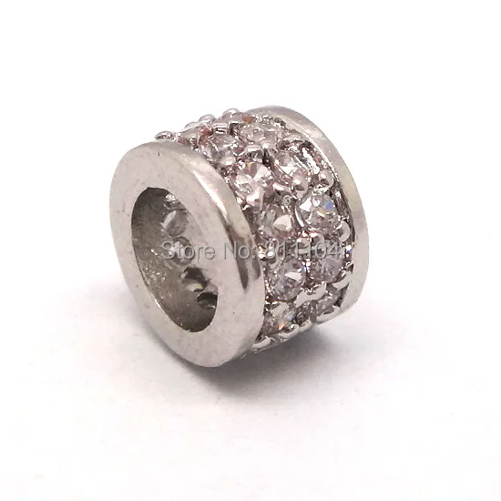 

5x8mm Rhodium tone Plated Micro Pave Brass Metal Zircon CZ Crystal Round European Charms Hollow Spacer Beads Connector Findings