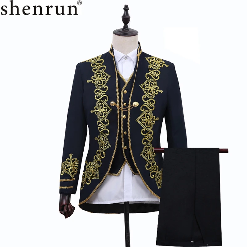 Shenrun 3-Piece Men Suit Court Prince Uniform Floral Pattern Embroidery Wedding Stage Costume Male Jacket Vest Pants Party Prom