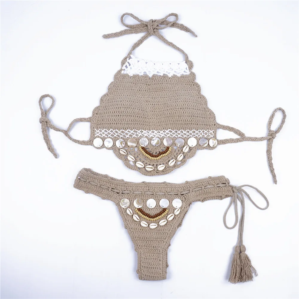 Classic Swimwear Women Bandage Bikini 2019 Push Up Knitting Hollowed-out Halter Swimsuit Set Beach Wear Bathing Suit |