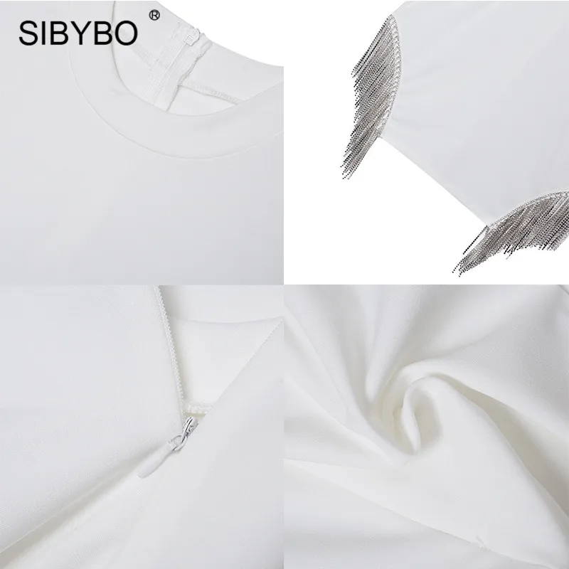 Sibybo мини сексуальное облегающее платье с бриллиантами, модное летнее вечернее платье без рукавов с круглым вырезом, белое повседневное женское платье с разрезом