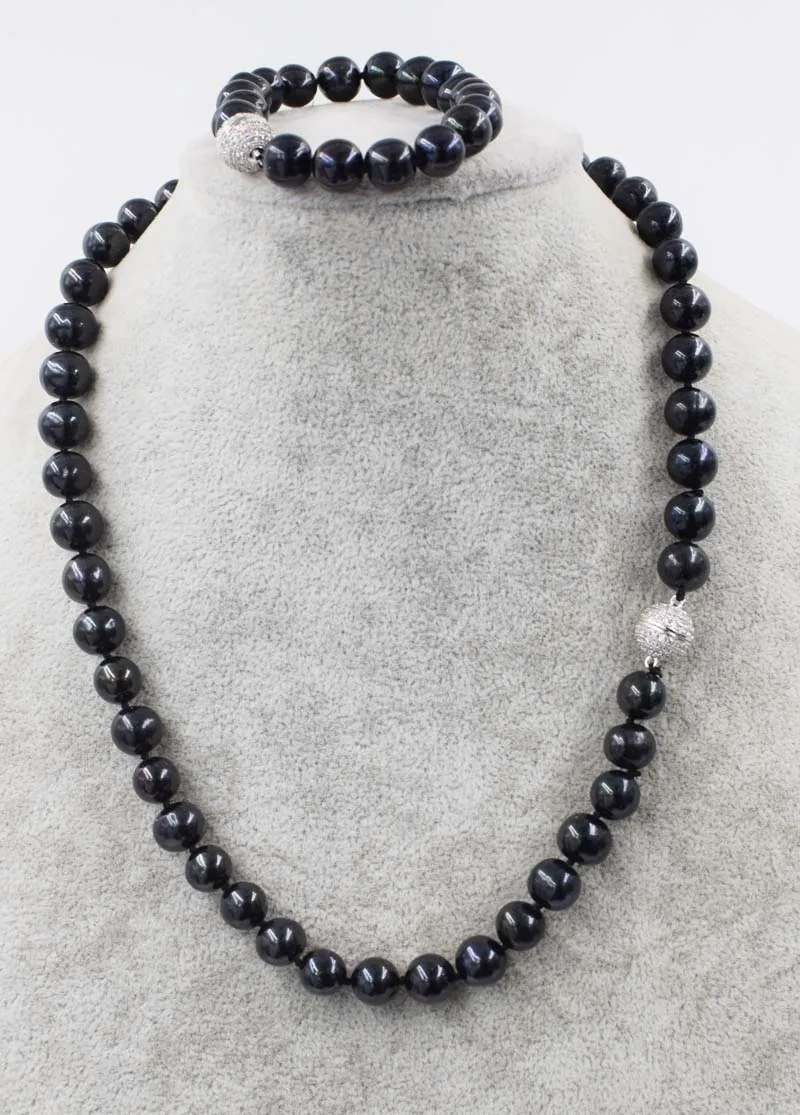 

Вау! Один набор, черный пресноводный жемчуг, ожерелье, браслет, около, 9-10 мм, 18 дюймов, натуральный FPPJ, оптовая продажа бусин