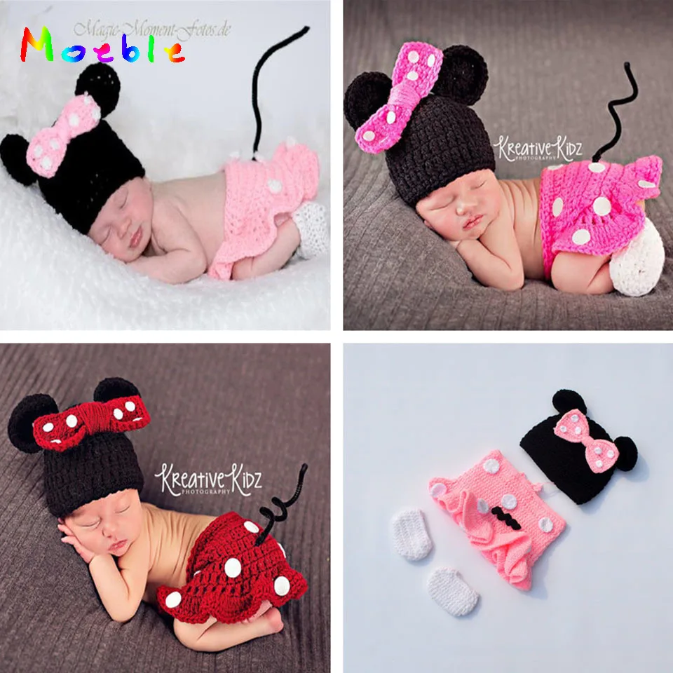 

Latest Crochet Baby Cartoon Costume Knitted Newborn Baby Coming Home Outfits Mickey Baby Girl Photo Props 1set MZS-16028
