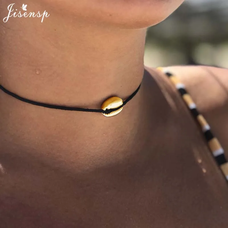 Jisensp New Fashion Black Rope Chain Natural Seashell Choker Necklace Collar Boho Shell Chokers Necklaces for Summer Beach Gift - Окраска металла: XL625G