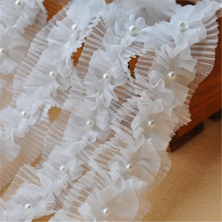 

10Yards/Lot Free Shipping 4cm Wide White Ruffles Chiffon Beaded Lace Trim DIY Handmade Clothes Accessory Decoration Lace Fabric