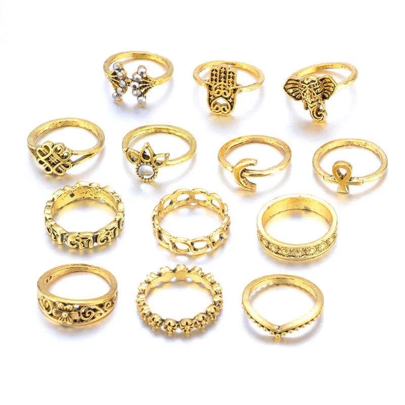 13Pcs/Set Fashion Finger Rings Set Women Vintage Punk Midi 2017 Antique Gold Color Boho Female Charms Jewelry | Украшения и