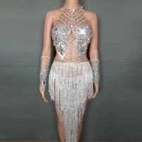sparkly silver crystals fringes dance costume rhinestones gloves tassel bodysuit party stage wear dance show sexy outfit