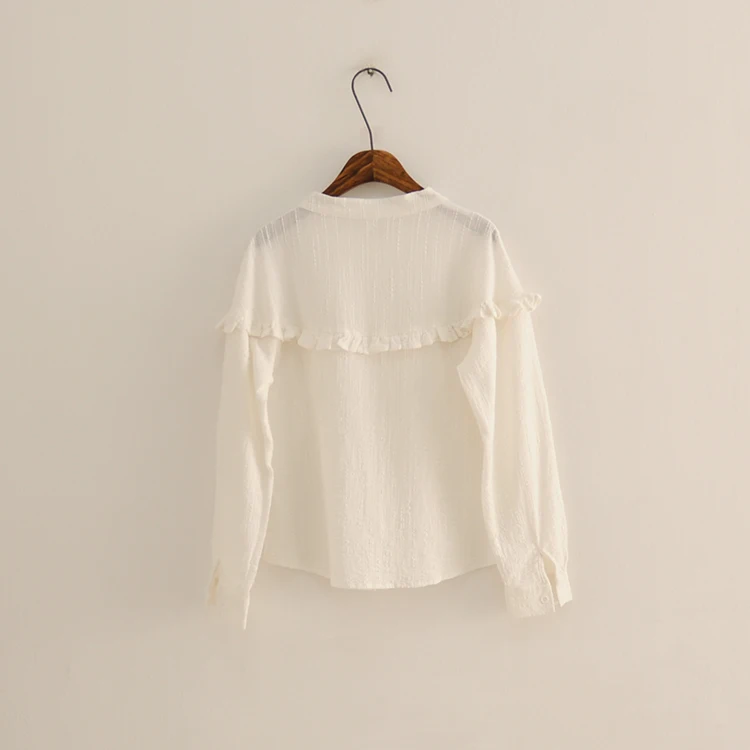 ruffled patchwork solid color long sleeve basic shirt blouse Female |