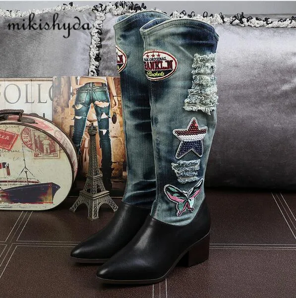 

2016 Vintage Botas Cano Alto Spring Autumn Canvas Shoes Middle-heeled Blue Denim Long Bottine Water Washing Cowboy Martin Boots