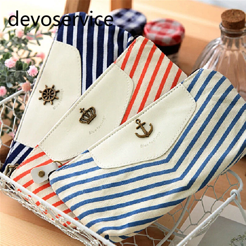 Тёмно синий холщовый пенал для школьников пеналы в полоску макияжа карандашей