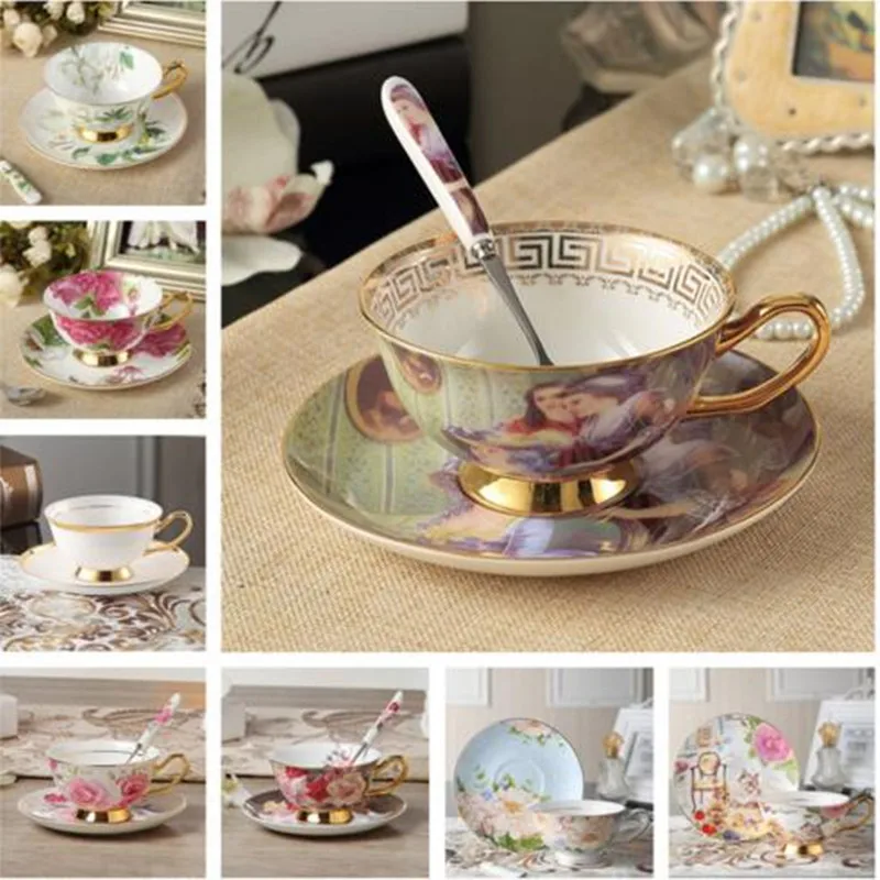 

Europe Gold Luxury Bone China Tea Cup Saucer Spoon Set 200ml Noble Ceramic Coffee Cup Party Teatime Advanced Porcelain Teacup