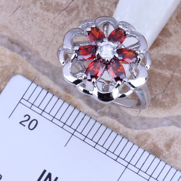 Shiny Red Garnet Silver Plated Jewelry Sets Earrings Pendant Ring Size 5.5 - 8 S0136 | Украшения и аксессуары