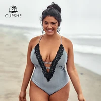 cupshe plus size striped deep v neck one piece swimsuit sexy lace criss cross women monokini bathing suits 2021 beach swimwear