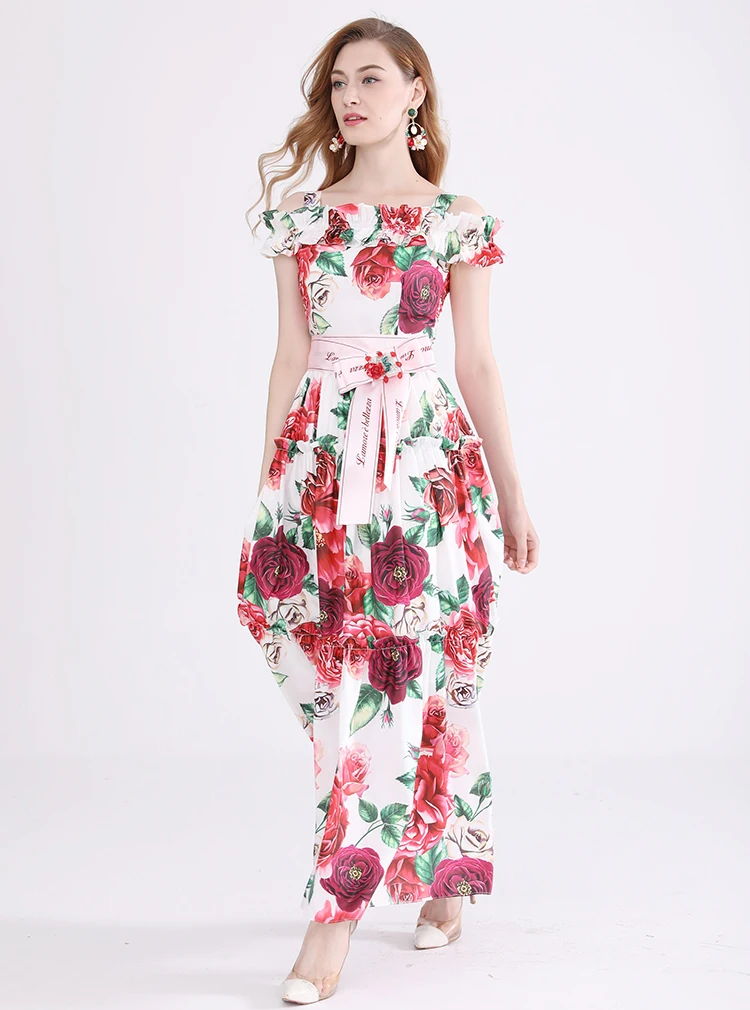 MoaaYina Fashion Designer Runway Dress Summer Women Spaghetti Strap Rose Floral Print Ruched Beading loveliness Elegant Dress