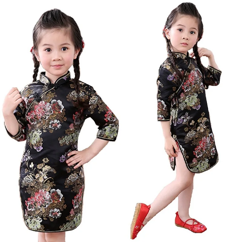 Peony Baby Girls Dress 2018 Chinese Qipao Clothes For Girls Jumpers Party Costumes Floral Children Chipao Cheongsam Jumper 2-16Y images - 6