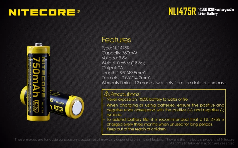 NITECORE NL1475R 1 шт. микро-зарядный порт USB аккумуляторные батареи 750 мАч 14500 3 6 В выход 2A