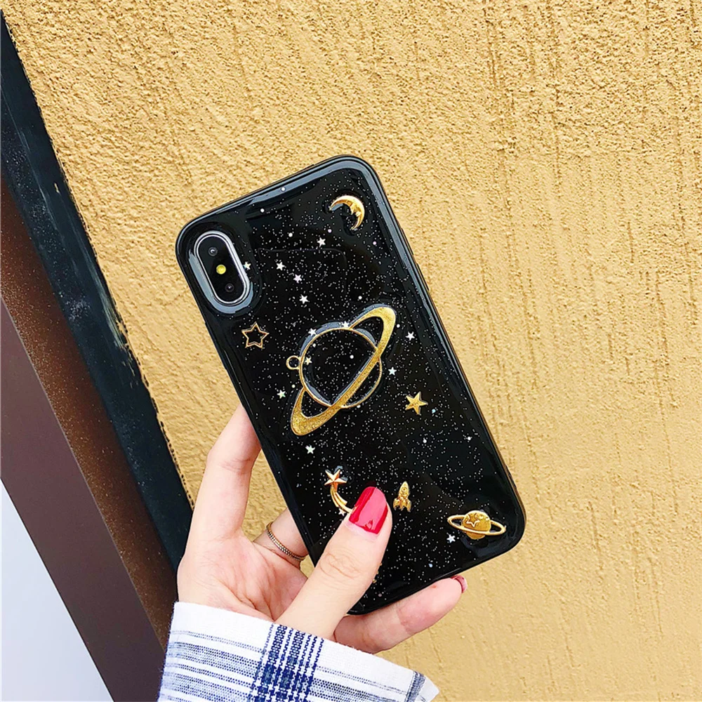 Universe Epoxy Phone Case For iPhone 6 6s 7 8Plus X XS MAX Fashion Cute 3D Planet Moon Star Transparent Soft TPU Back Cover Gift |
