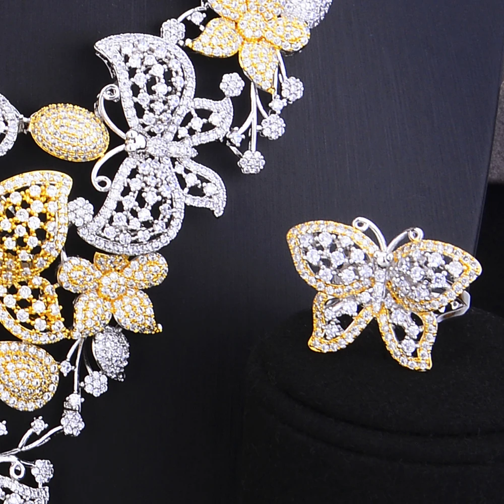 4 PCS Romantic Full Butterfly Sweet Women Engagement Wedding Necklace Earrings Bracelet Ring Jewelry Sets Paved CZ Shiny | Украшения и