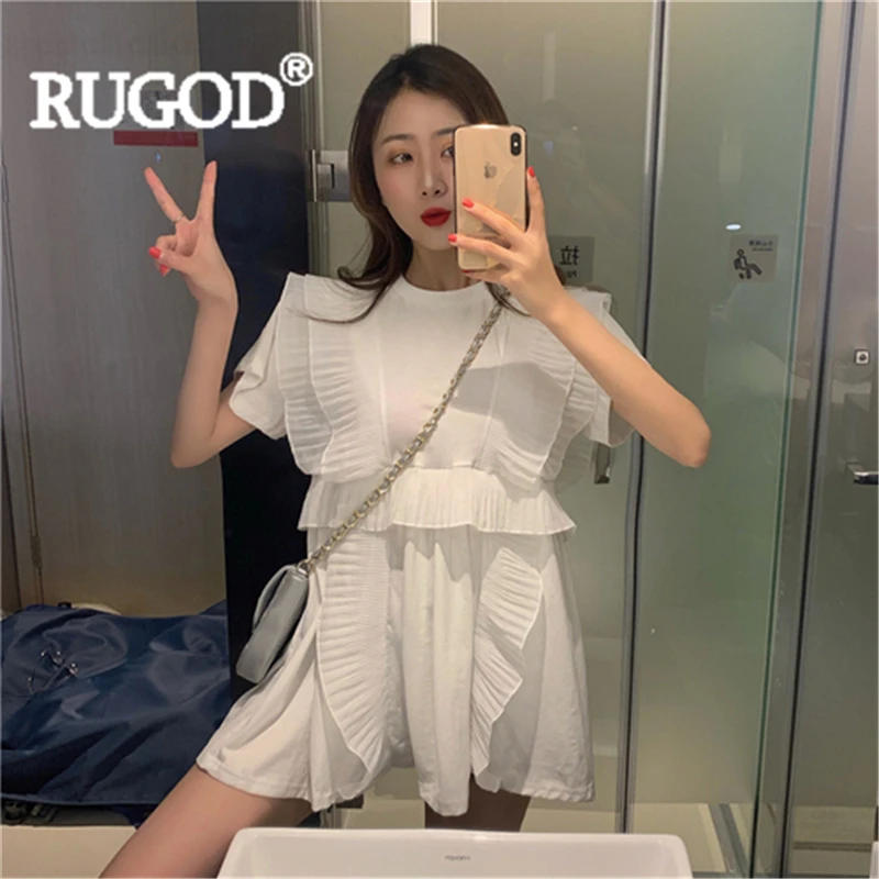 Женское однотонное мини-платье RUGOD с круглым вырезом и оборками плиссированное