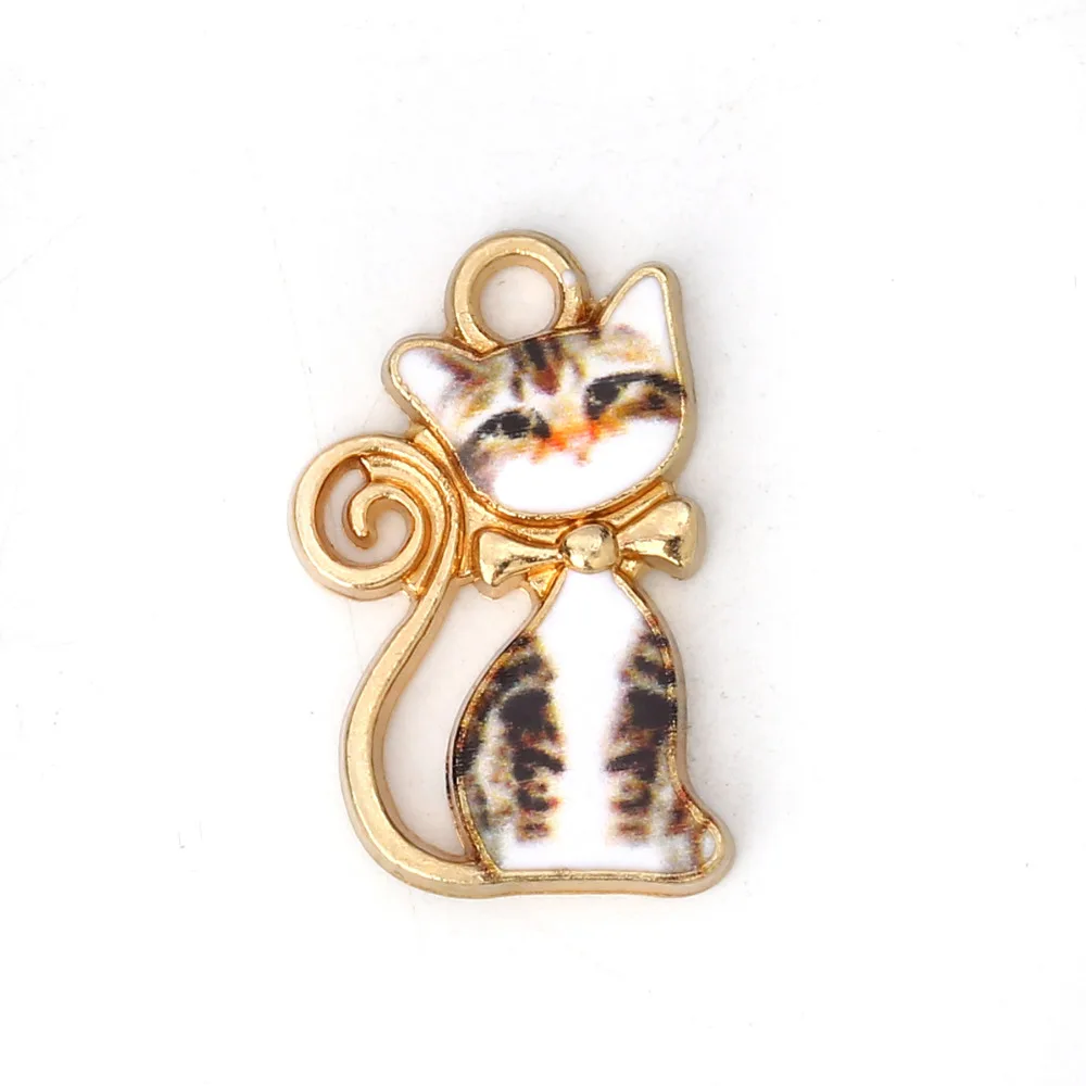 DoreenBeads подвески из цинкового сплава на основе кошки, животные, золото, оранжевый, черный, белый цвет, Красочные эмаль 21 мм(7/") x 13 мм(4/8"), 10 шт