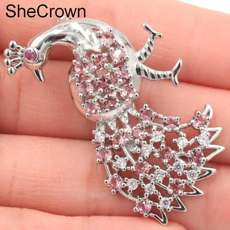 Новый дизайн павлин форма розовый морганит турмалин CZ серебряная брошь