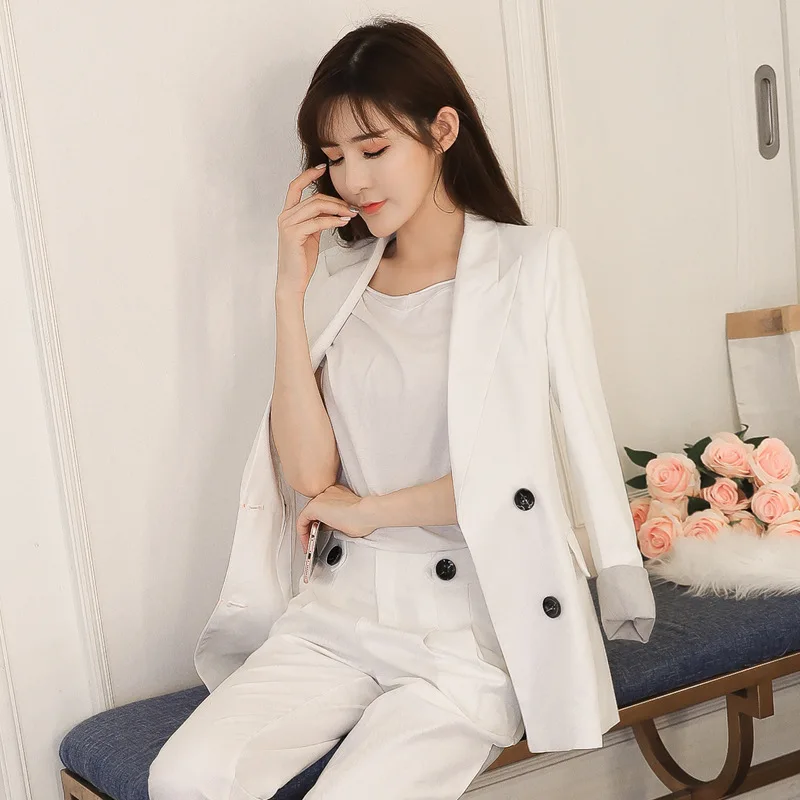 2018 new autumn and winter fashion solid color long-sleeved small suit + wide-leg pants elegant temperament casual two-piece sui | Женская