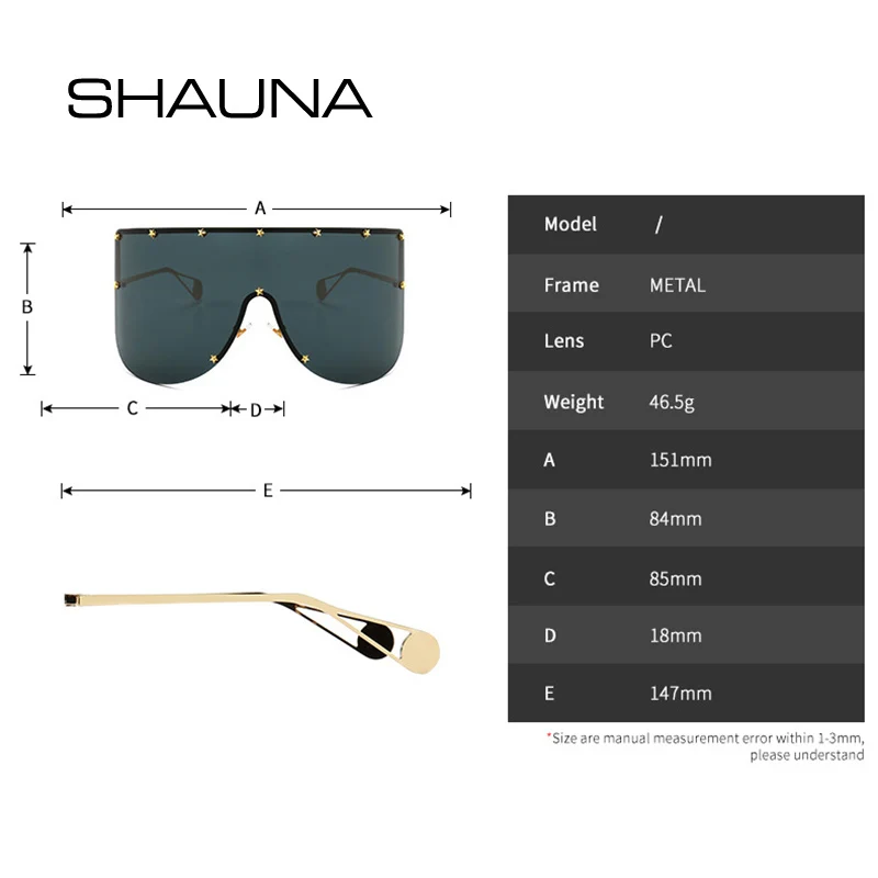 SHAUNA Oversize One Piece Cover men sunglasses steampunk Women Five-Points Star glasses punk Champagne Windproof Shades Men