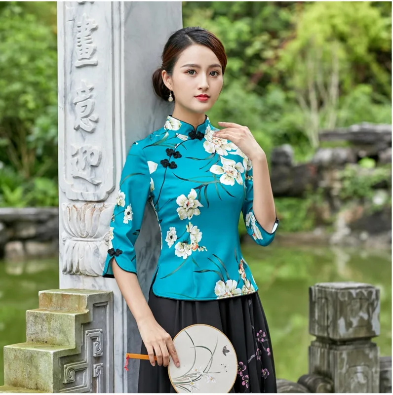 Sheng Coco элегантный Qipao Топ традиционное китайское Ципао Блузка 4XL Королевский синий китайским принтом женская одежда с длинным рукавом
