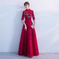 lace qipao long bride wedding evening dress modern chinese traditional vestido oriental dresses red embroidery cheongsam vintage