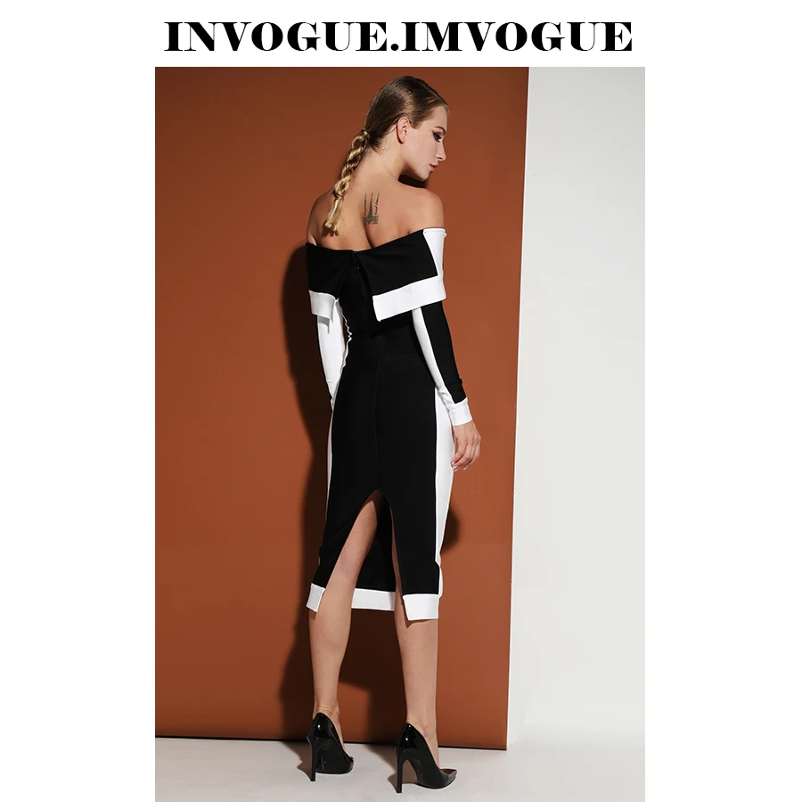 Женское платье с открытыми плечами INVOGUE Черное и белое Бандажное длинными