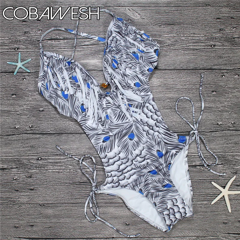COBAWESH 2018 New One Piece Swimsuit Women Swimwear Bathing Suits Beachwear Black White tasselSwim Wear | Спорт и развлечения