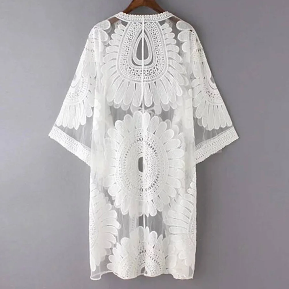 Женский пляжный кардиган Boho белый кружевной свободный с рукавом летучая мышь