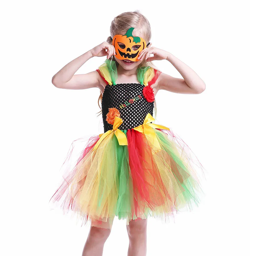 Детское Радужное платье-пачка на Хэллоуин с маской в виде тыквы летнее фатиновое