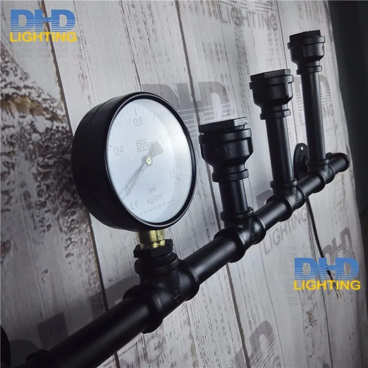 3 lights iron black pipe wall lamp vintage industrial water with gauge E27 fiting lighting sconce | Освещение