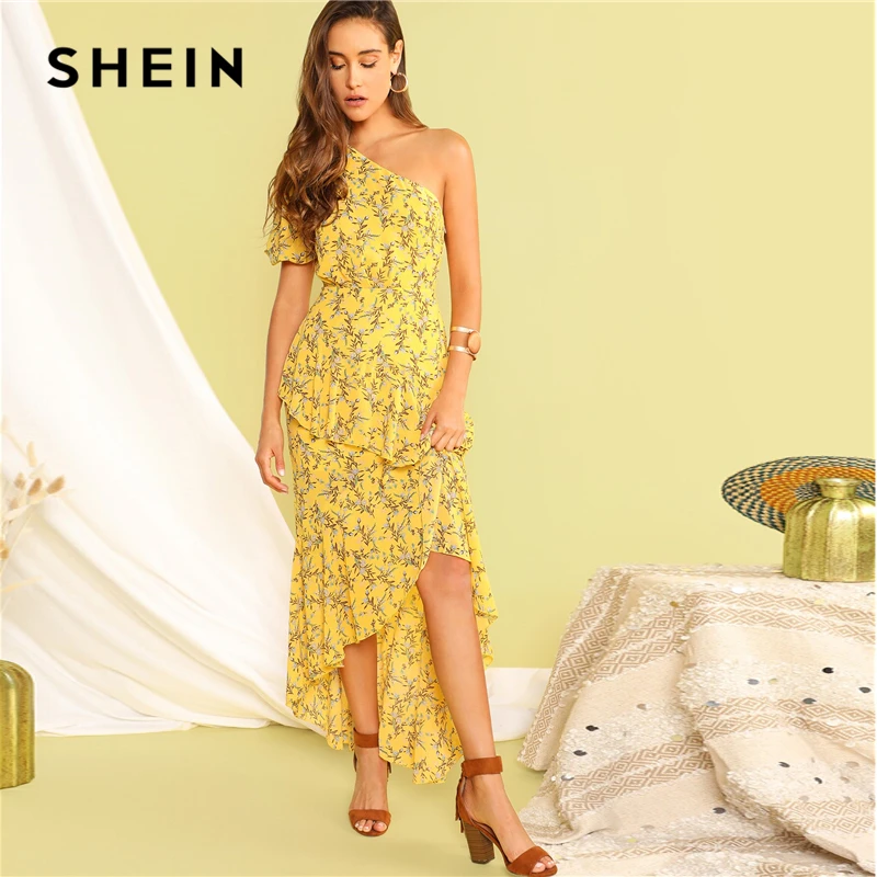 SHEIN Асимметричное Платье С Оборкой И Одним Плечом Женское Желтое Летнее Богемное Платье