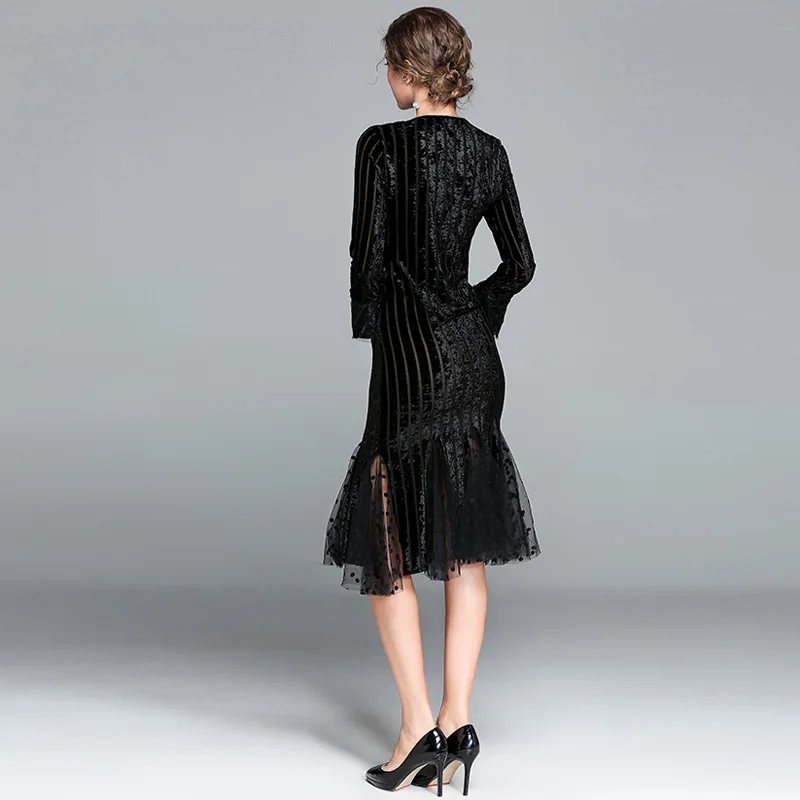 Fitaylor New Autumn Winter Women Elegant Velvet Dress Slim Tulle Patchwork O Neck Long Sleeve Knee-length Mermaid Party | Женская одежда