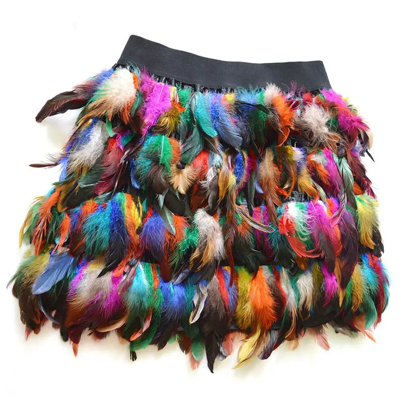 Мини юбка с радужными перьями женская зимняя плиссированная высокой талией