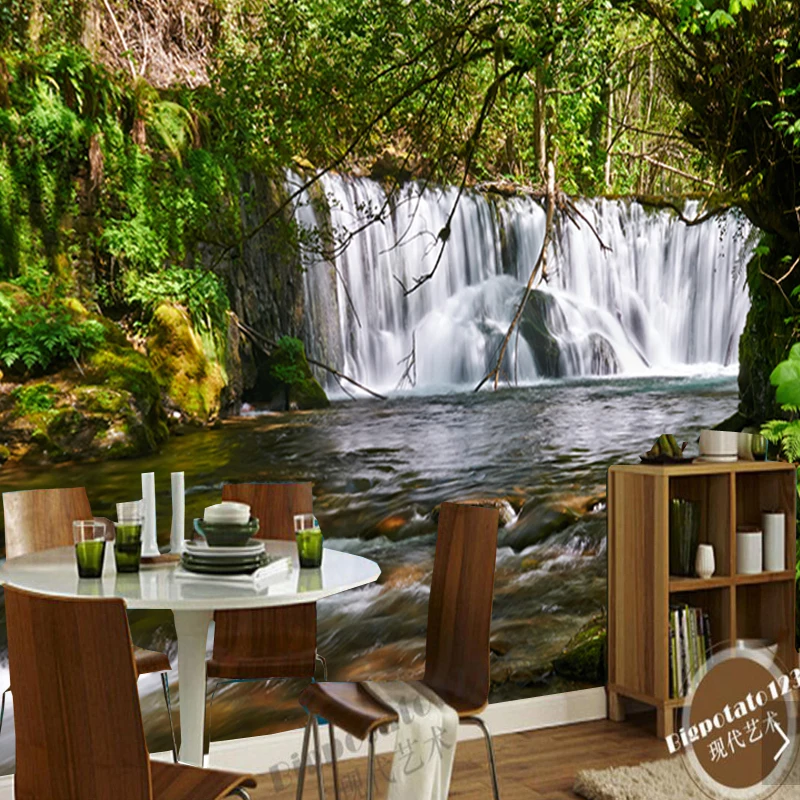 Обои для украшения дома лес и водопад Настенные обои из ПВХ с Естественным
