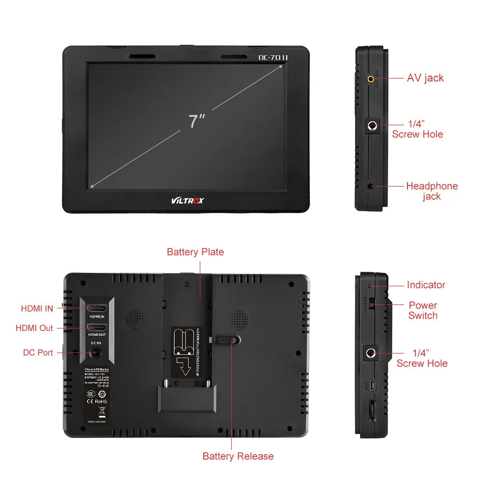 Оригинальный VILTROX DC 70 II 7 &quotHD 1024x600 ЖК монитор с клипсой HDMI AV вход для DSLR Sony Canon