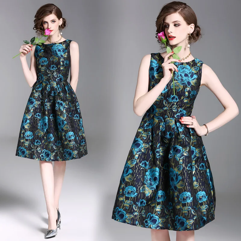 LARCI синий цветок жаккардовое платье Новый 2018 лето взлетно посадочной полосы