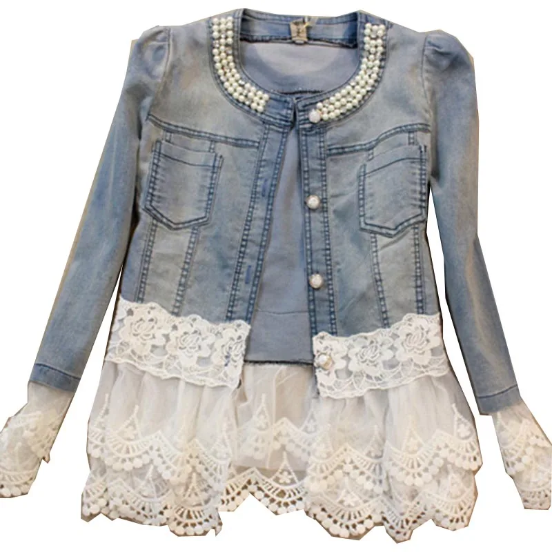 

New 2020 Spring Jackets Women Outerwear Slim Lace Patchwork Long-sleeve Denim Jacket Lady Vintage Jeans Jacket Lace Jacket JK454