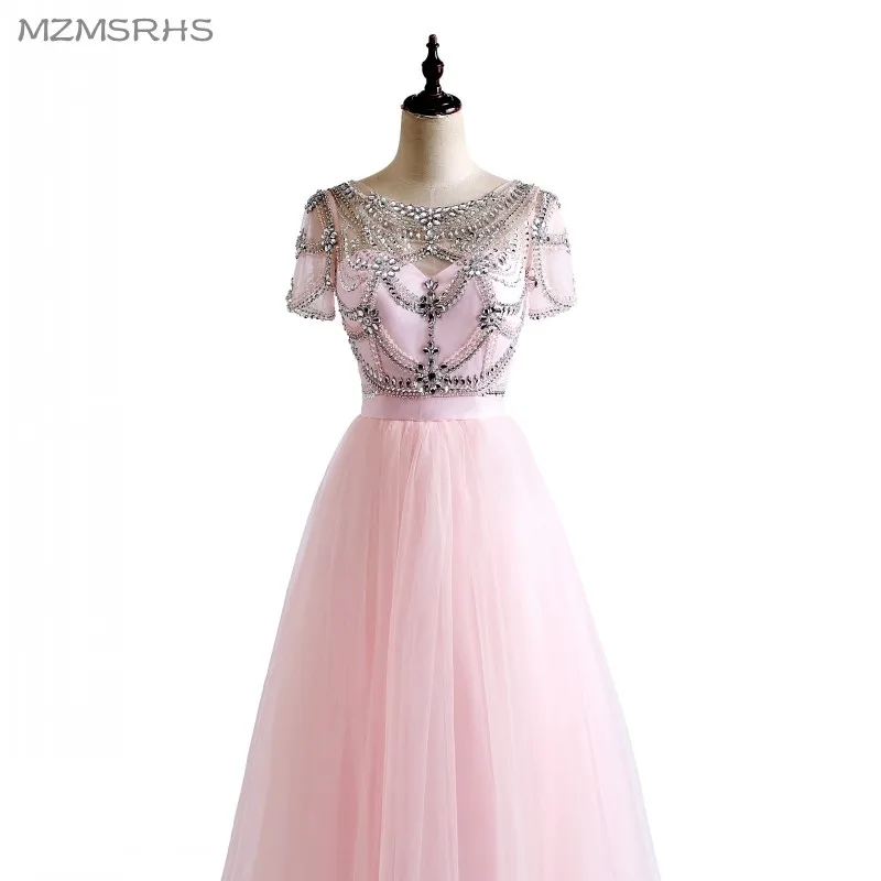 Женское бальное платье с коротким рукавом розовое или белое бисером и
