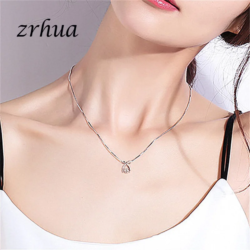 ZRHUA 925 Sterling Silver Necklace Crystal Long Pendant Neckace For Women Gift 45cm Box Chain choker Collares Mujer Female Gifts | Украшения