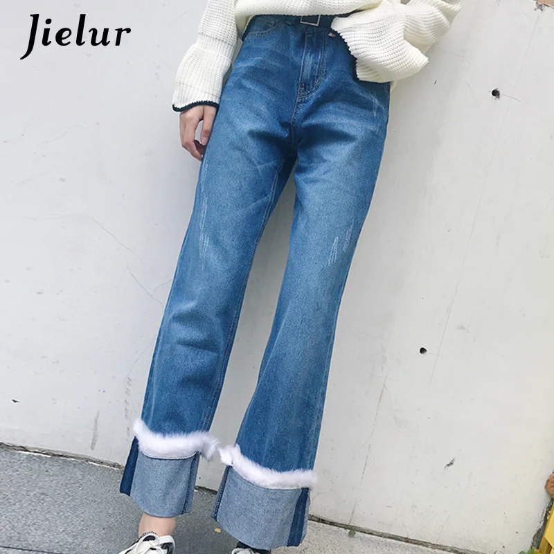 Jielur Harajuku Kawaii меховые манжеты широкие джинсы в Корейском стиле новые милые с