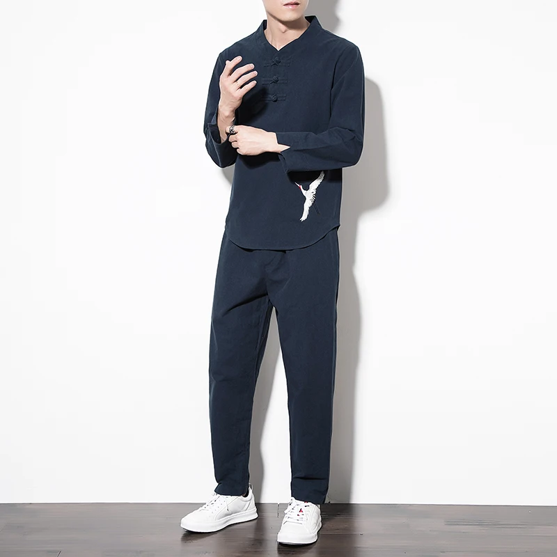 

2019 Chinese Style Mens Set Black, Khaki, Fashion Loose Elegant Cotton men Tee Shirt and Trousers Large Size 5XL