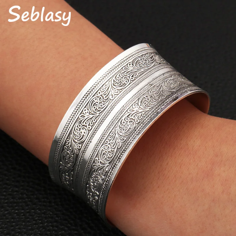 Женский браслет в стиле панк Sebalsy серебристый цвет открытый с листьями и цветами