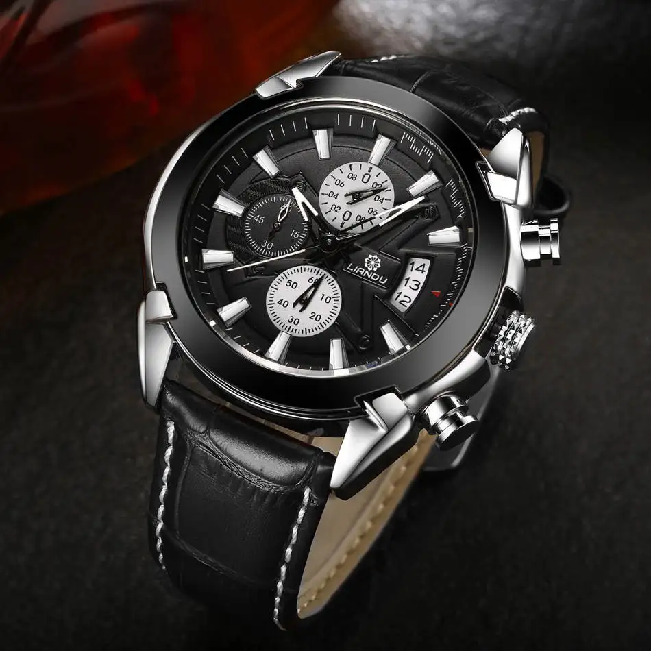 LIANDU Роскошные мужские часы коричневый черный кожаный хронограф