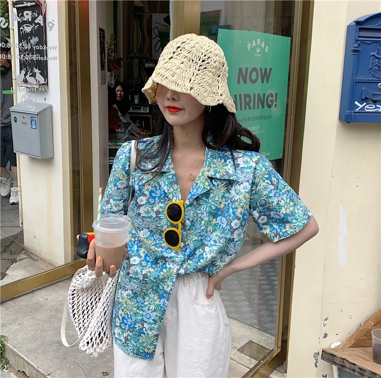 Летние новые свободные милые женские топы с цветочным принтом в Корейском стиле