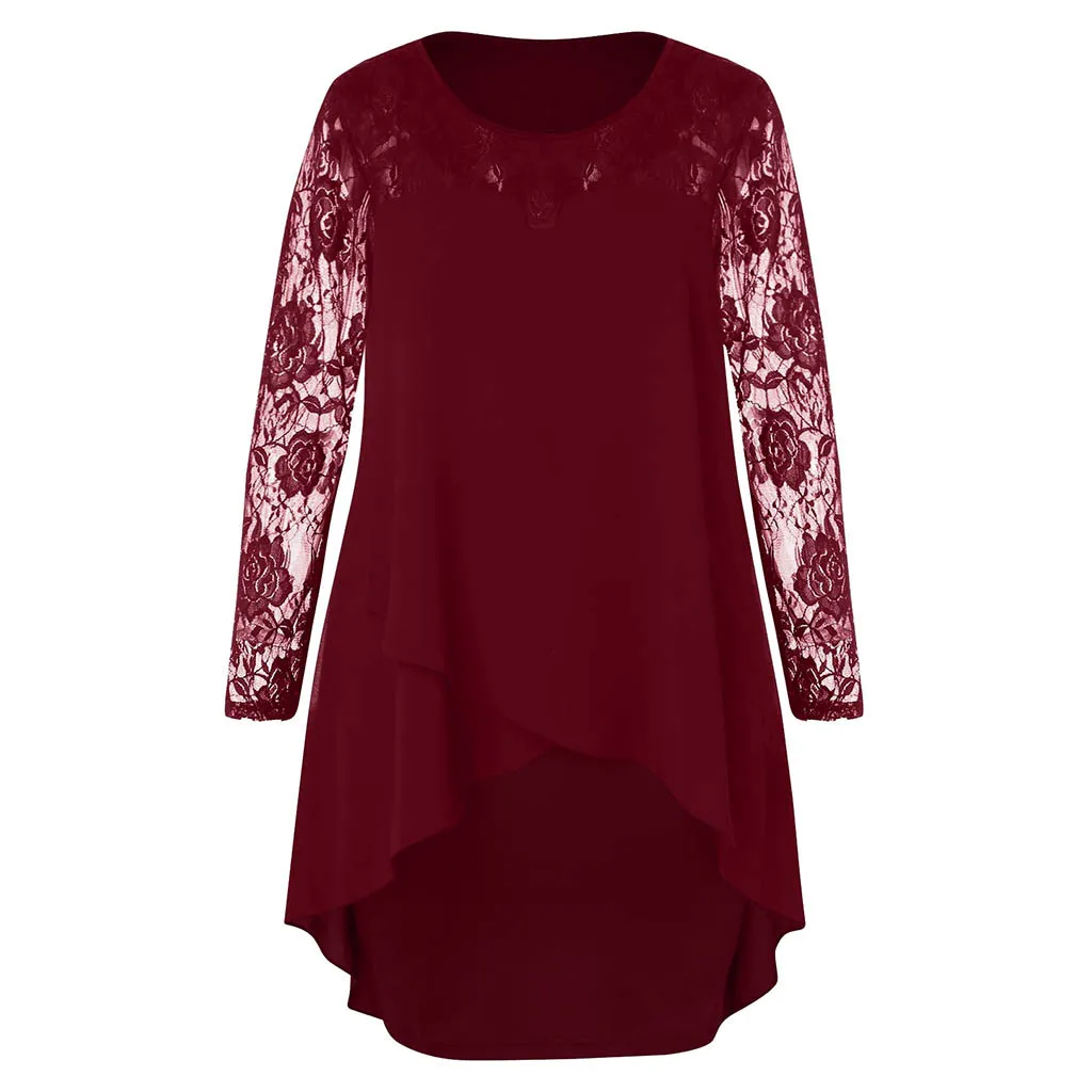 SAGACE модное женское Повседневное платье размера плюс с прозрачным кружевным рукавом с высоким низким подолом и круглым вырезом, свободное платье, асимметричное платье для путешествий, 13 июля